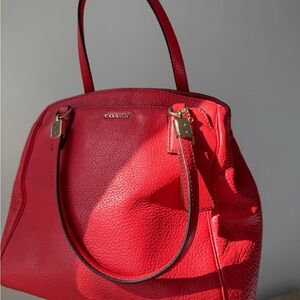 COACH Red Pebbled Leather Tote with Gold Hardware